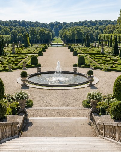 Cenário internacional para fotos de moda gerado por IA: Jardim francês, Jardim formal