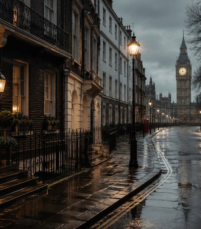 Cenário internacional para fotos de moda gerado por IA: Londres ao entardecer, Londres, Reino Unido