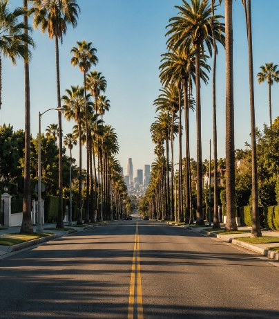 Cenário internacional para fotos de moda gerado por IA: Palmeiras em Los Angeles, Los Angeles, EUA