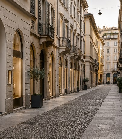 Cenário internacional para fotos de moda gerado por IA: Rua de Milão, Milão, Itália