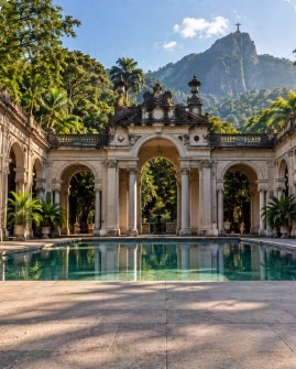 Cenário brasileiro para fotos de moda gerado por IA: Parque Lage, Rio de Janeiro, RJ