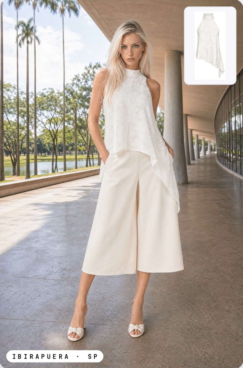 Modelo virtual com blusa branca rendada frente única e pantacourt off-white na Marquise do Ibirapuera, São Paulo — foto gerada por IA pela Moddara