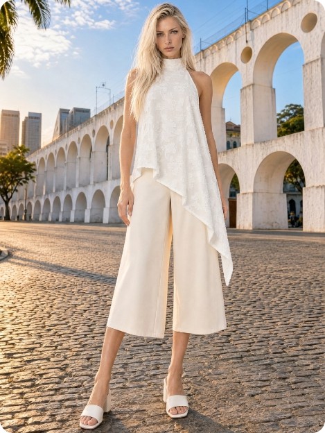 Blusa assimétrica frente única branca nos Arcos da Lapa, variação de pose gerada por IA