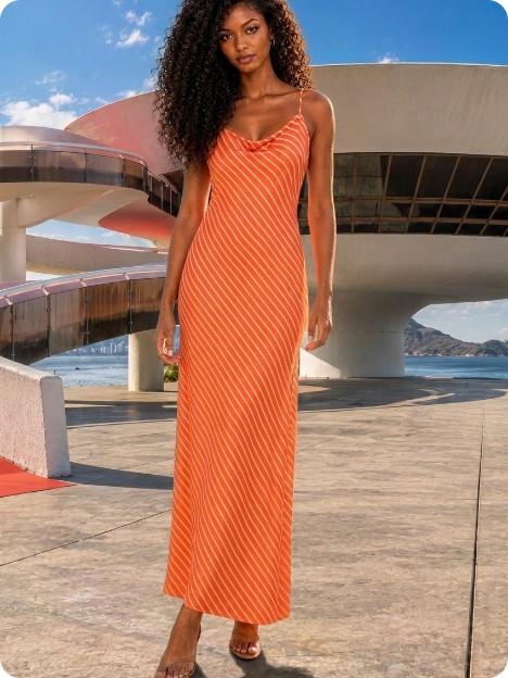 Slip dress listrado laranja, modelo virtual no Museu de Arte Contemporânea de Niterói — foto gerada por IA pela Moddara