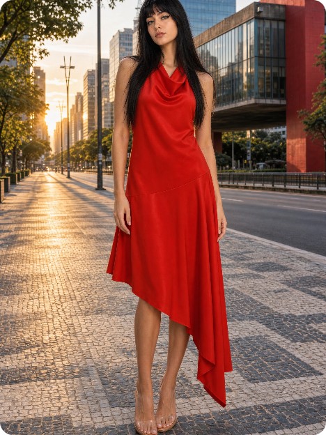 Vestido frente única assimétrico vermelho, modelo virtual na Avenida Paulista em frente ao MASP — foto gerada por IA pela Moddara