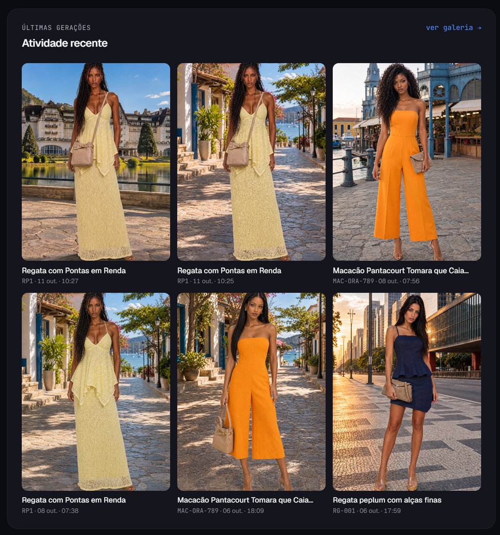 Tela do Moddara Studio, gerador de fotos de roupas com IA: atividade recente com looks gerados em cenários brasileiros